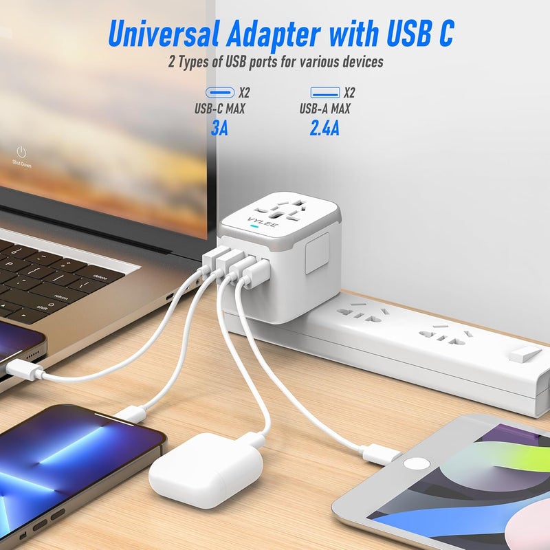 VYLEE Universal International Power Travel Plug Adapter, 5 in 1 European Travel Plug Adapter W/ 3.5A 2xUSB-A and 2xUSB C Wall Charger and Worldwide AC Outlet for Europe USA UK AUS Asia (White Grey) - Image 2